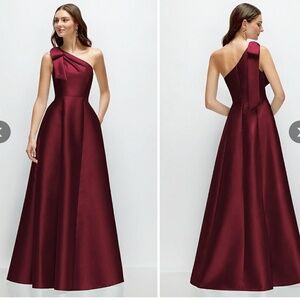 AFLRED SUN Bow One-shoulder Full A-line Satin Maxi in Cabernet